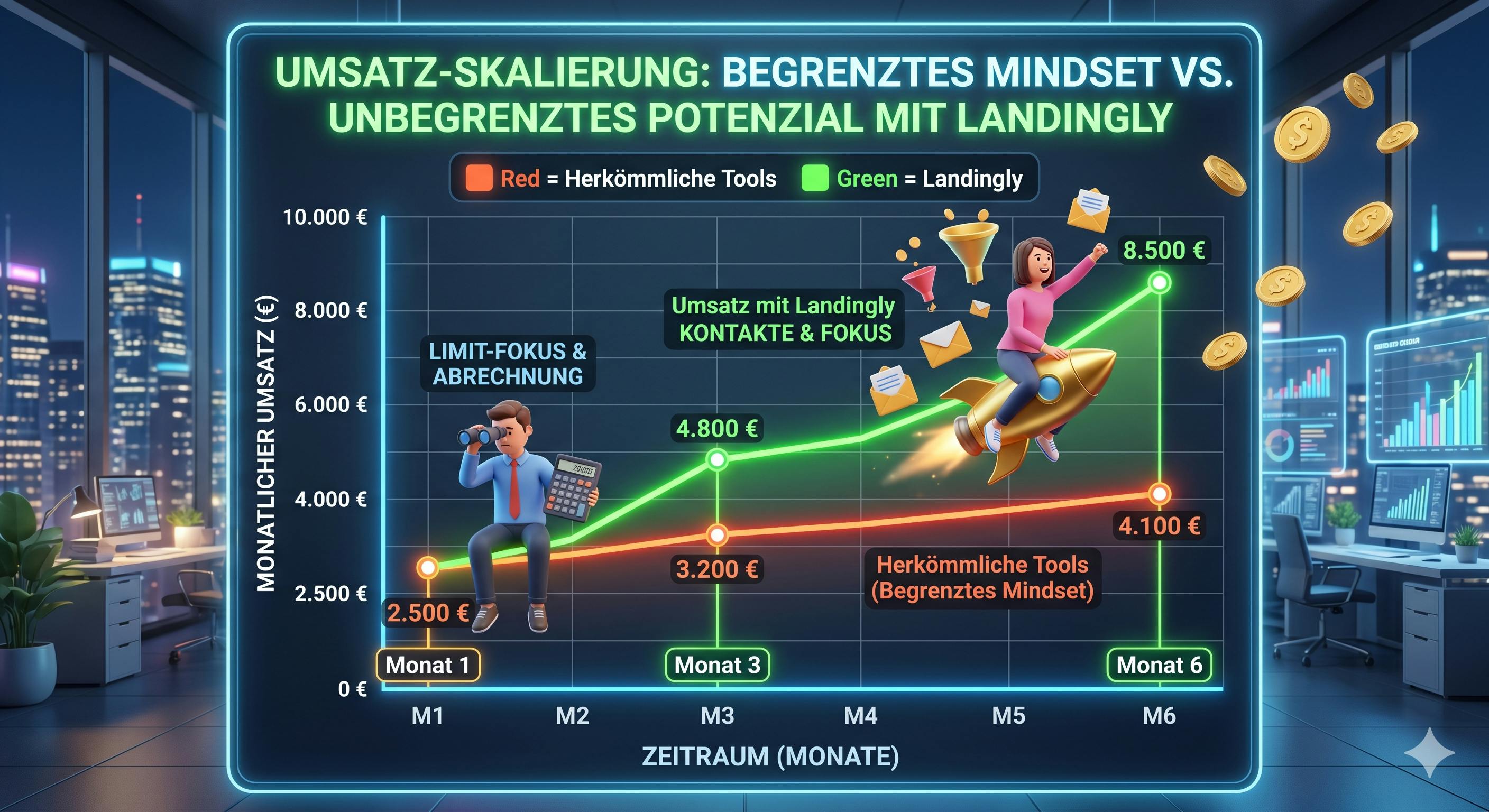 Detaillierte Infografik im 3D-Stil, die die Umsatzentwicklung über sechs Monate vergleicht. Eine rote Linie für 'herkömmliche Tools' wächst langsam von 2.500 € auf 4.100 €. Ein frustrierter Mann mit einem Taschenrechner sitzt auf dem roten Pfad. Eine grüne Linie für 'Landingly' wächst schnell von 2.500 € auf 8.500 €. Eine enthusiastische Frau auf einer Rakete fliegt auf dem grünen Pfad. Der Titel lautet: Umsatz-Skalierung: Begrenztes Mindset vs. unbegrenztes Potenzial mit Landingly.