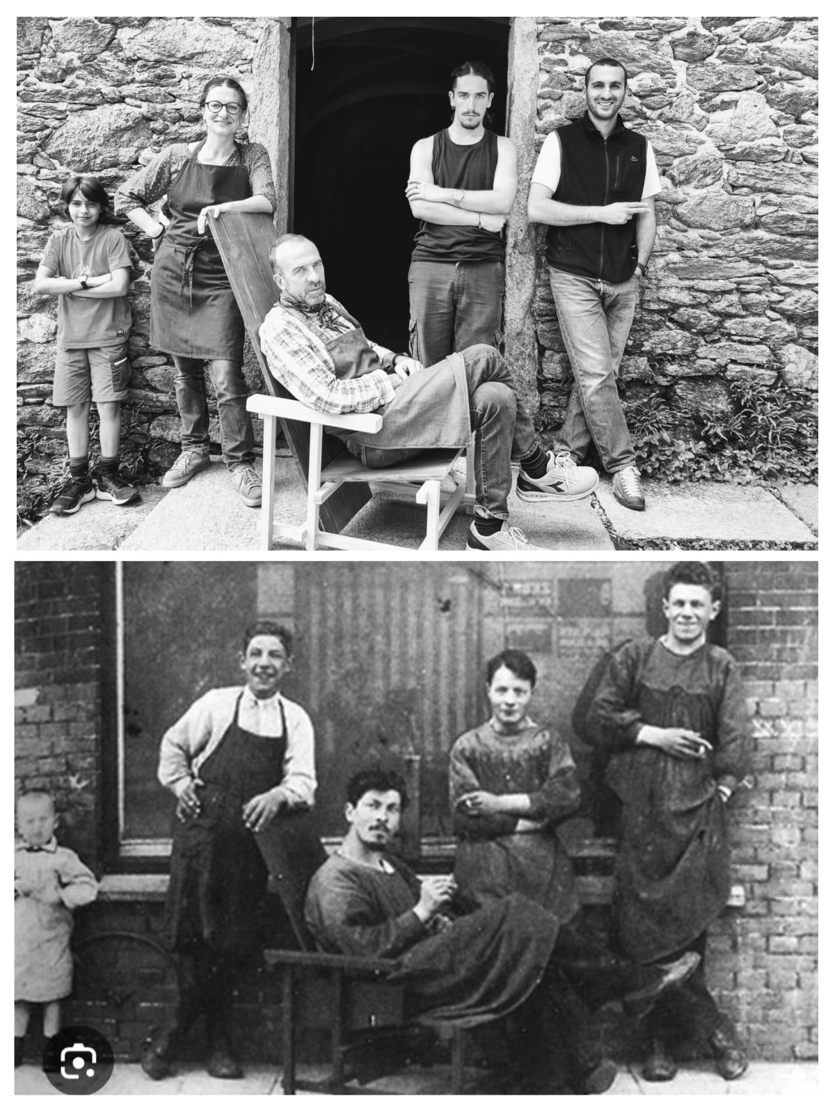 Il prototipo della poltrona Red and Blue di Rietveld foto originale fuori dal suo laboratorio a Utrecht nel 1918 e l'anno scorso fuori dalla Trappa