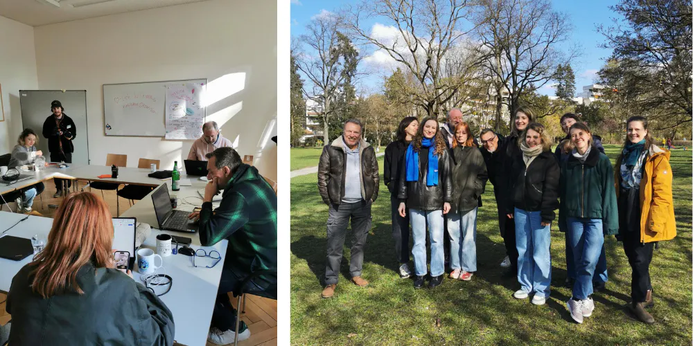 Es sind zwei Bilder zu sehen. Links sind fünf Menschen, die an Schreibtischen sitzen und konzentriert arbeiten und rechts ist eine größere Gruppe zu sehen, die sich für ein gemeinsames Foto im Park aufgestellt hat.