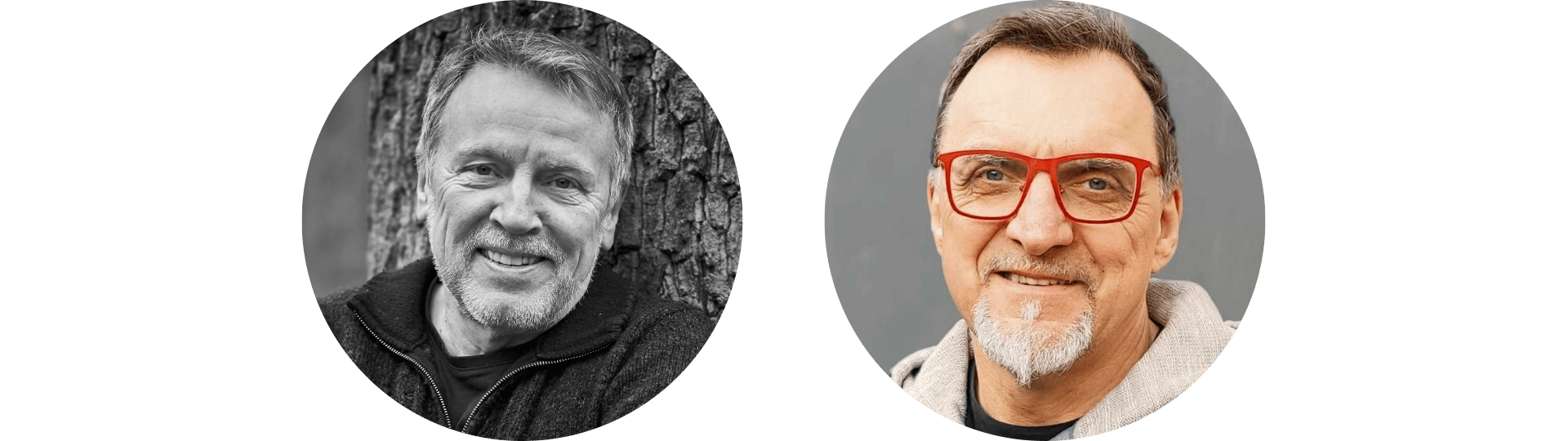 Zwei Porträt-Fotos zeigen Jürgen Döschner und Gerald Perschke. Jürgen hat graue Haare, steht vor einem Baum und lächelt. Gerald hat kurze braun-graue Haare und einen hellgrauen Bart, er trägt eine rote Brille.