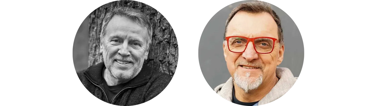 Zwei Porträt-Fotos zeigen Jürgen Döschner und Gerald Perschke. Jürgen hat graue Haare, steht vor einem Baum und lächelt. Gerald hat kurze braun-graue Haare und einen hellgrauen Bart, er trägt eine rote Brille.
