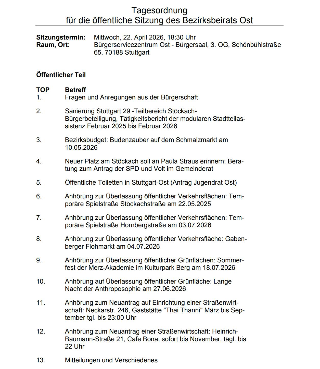 Tagesordnung der öffentlichen Sitzung des Bezirksbeirat Stuttgart-Ost am Mittwoch, 22. April 2026