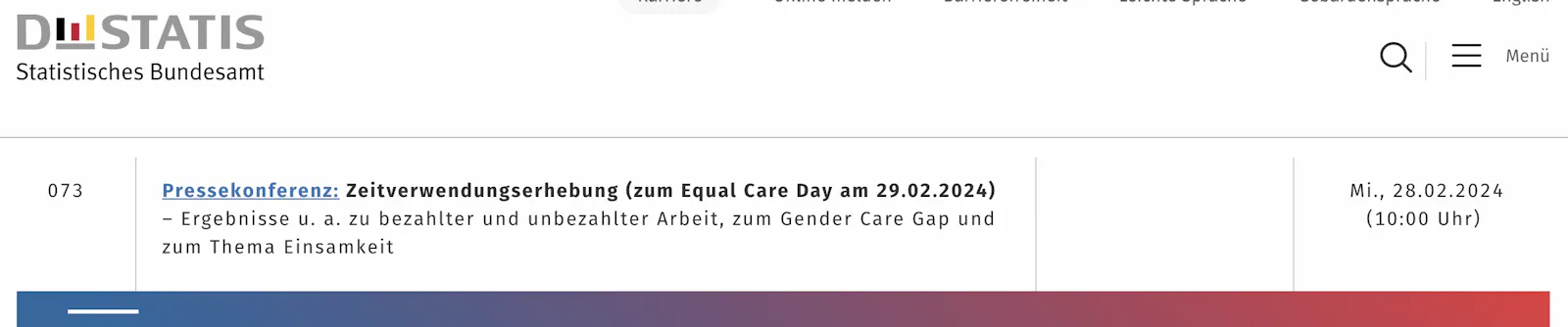 Screenshot von destatis.de - Ankündigung einer Pressekonferenz "Zeitverwendungserhebung (zum Equal Care Day am 29.02.2024)"