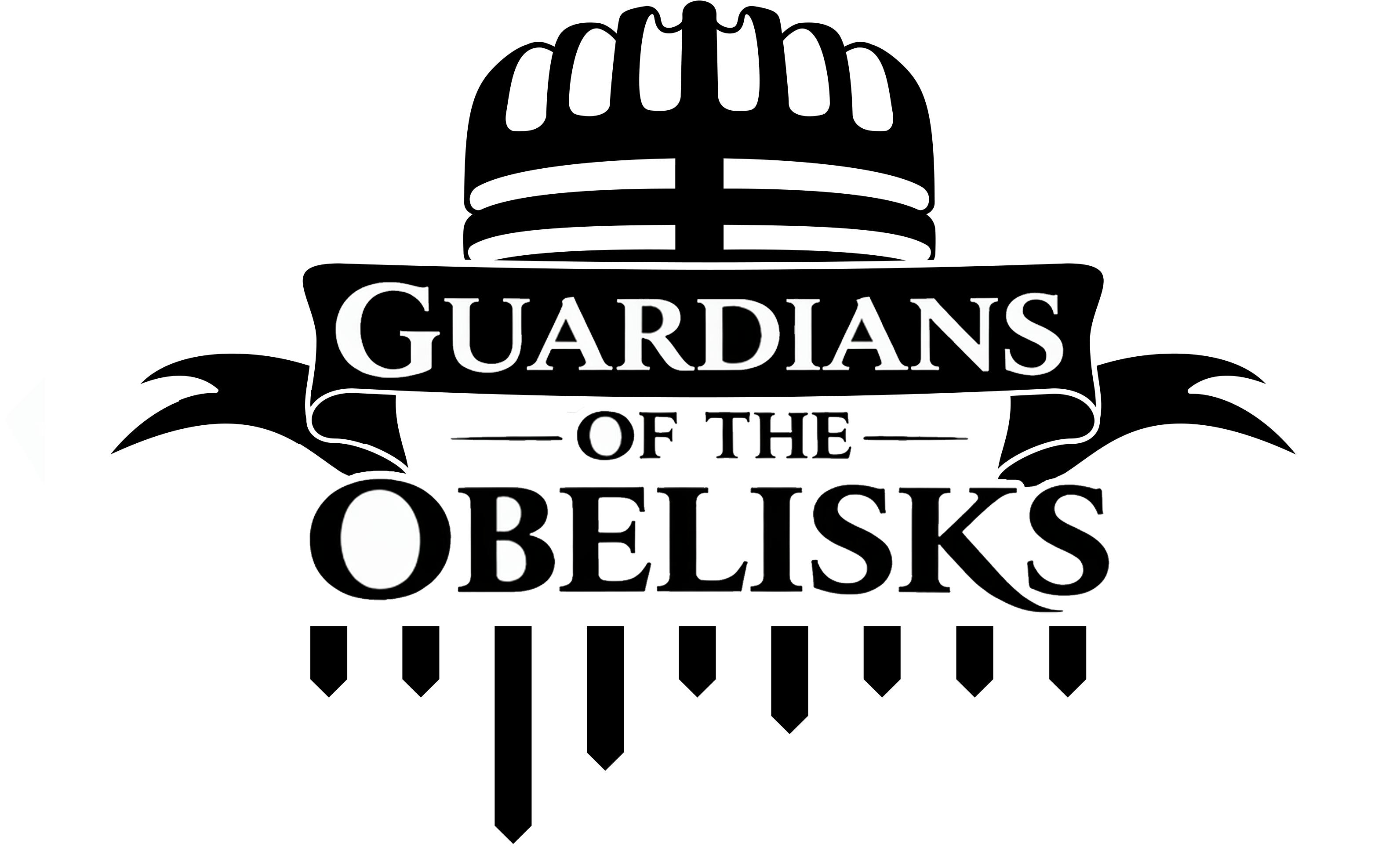 Schwarz-weißes Logo mit einem stilisierten Retro-Mikrofon über einem Banner mit der Aufschrift „Guardians of the Obelisks“, darunter abstrahierte Audio-Pegelbalken.