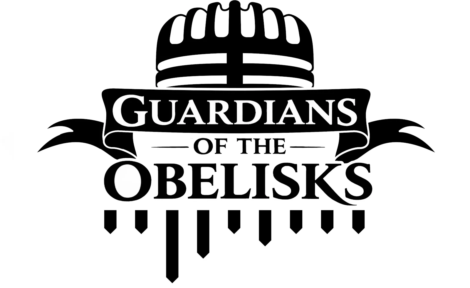 Schwarz-weißes Logo mit einem stilisierten Retro-Mikrofon über einem Banner mit der Aufschrift „Guardians of the Obelisks“, darunter abstrahierte Audio-Pegelbalken.