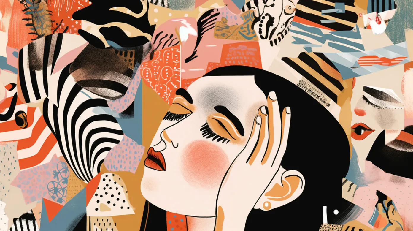 Eine Collage mit bunten Darstellungen von verschiedenen Körperteilen. In der Mitte eine junge Frau mit geschlossenen Augen, die sich mit einer Hand an den Kopf fässt.