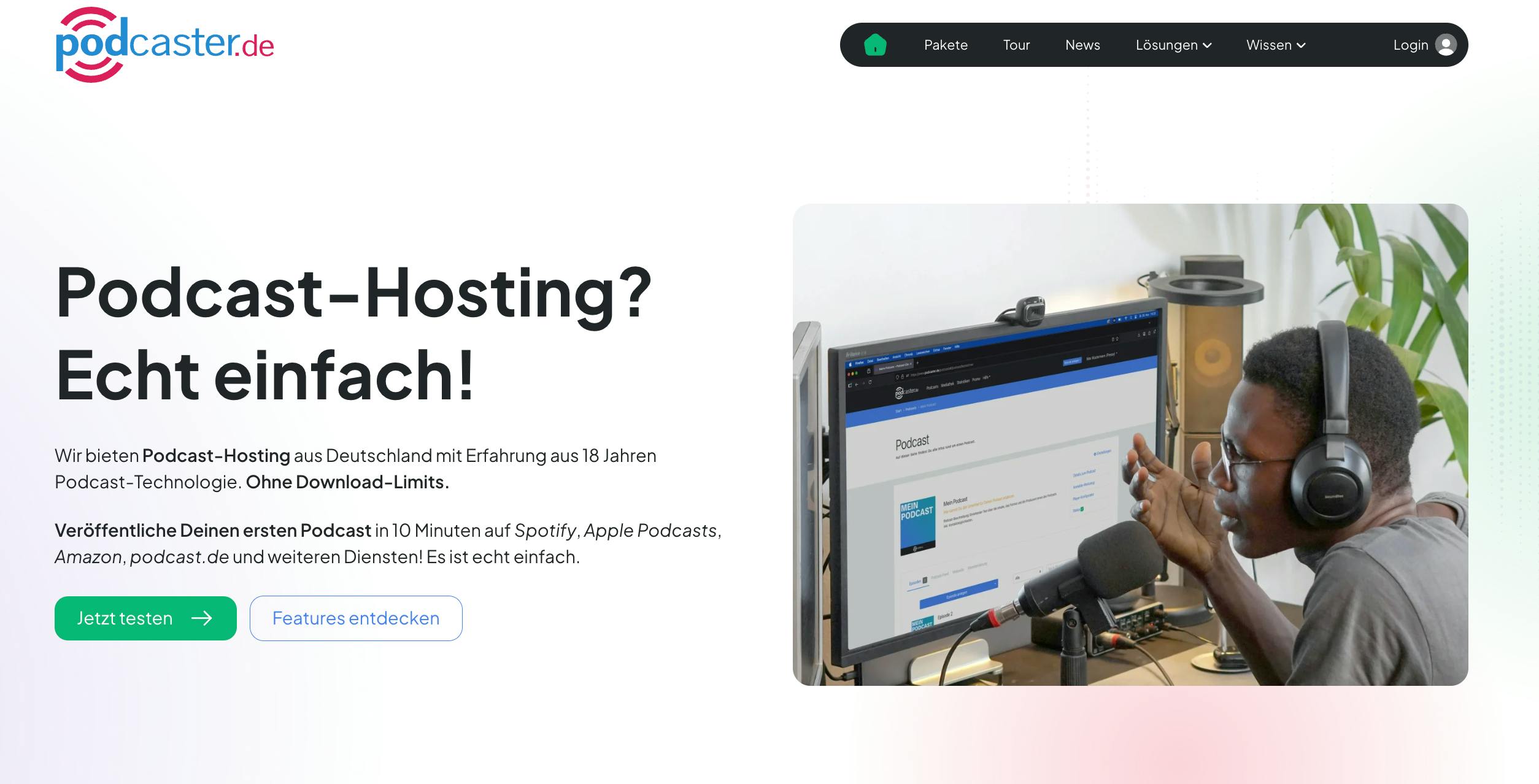Startseite des Hosting-Dienstes podcaster.de in neuer Optik