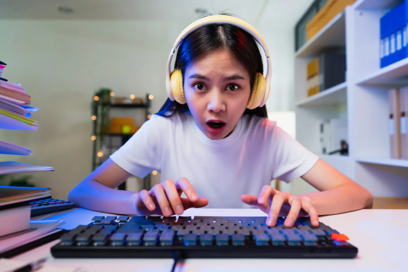 Mädchen mit Kopfhörern vor einer Tastatur schaut staunend in die Kamera
