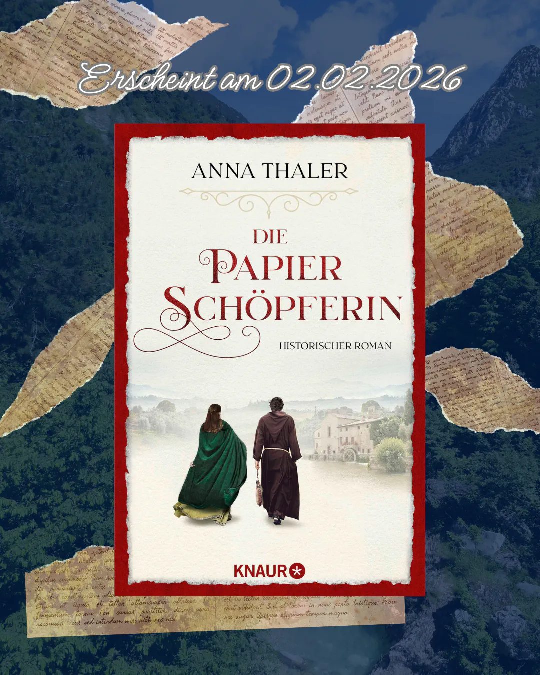 Buchcover - Titel: Die Papierschöpferin - Autorin: Anna Thaler - Motiv: Zwei Menschen von hinten, im Hintergrund eine Wassermühle.