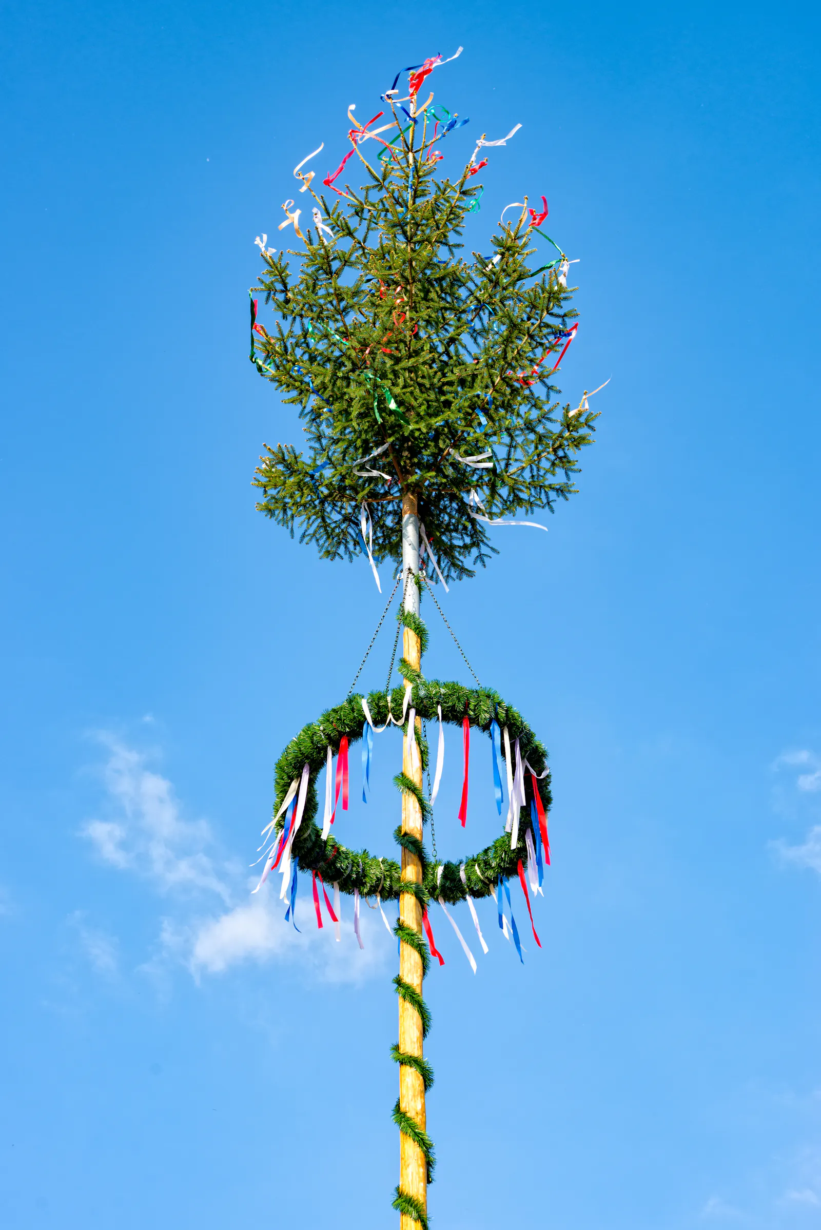 Das Bild zeigt die Spitze eines geschmückten Maibaums vor blauem Himmel. Am Stamm hängen bunte Bänder und ein grüner Kranz.
