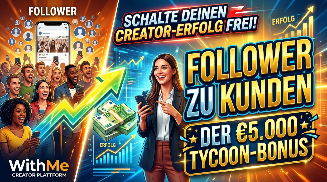 Ein dynamisches Werbebild für die WithMe Creator Plattform. Auf der linken Seite steht das Wort "FOLLOWER" über einer Gruppe lächelnder Menschen, die auf ihre Smartphones schauen. Ein großer, aufsteigender Pfeil mit Euro-Geldscheinen und Wachstumsdiagrammen führt auf die rechte Seite, wo eine lächelnde Geschäftsfrau auf ihr Smartphone zeigt. Auffällige, leuchtende Texte lauten: "SCHALTE DEINEN CREATOR-ERFOLG FREI!", "FOLLOWER ZU KUNDEN" und "DER €5.000 TYCOON-BONUS".