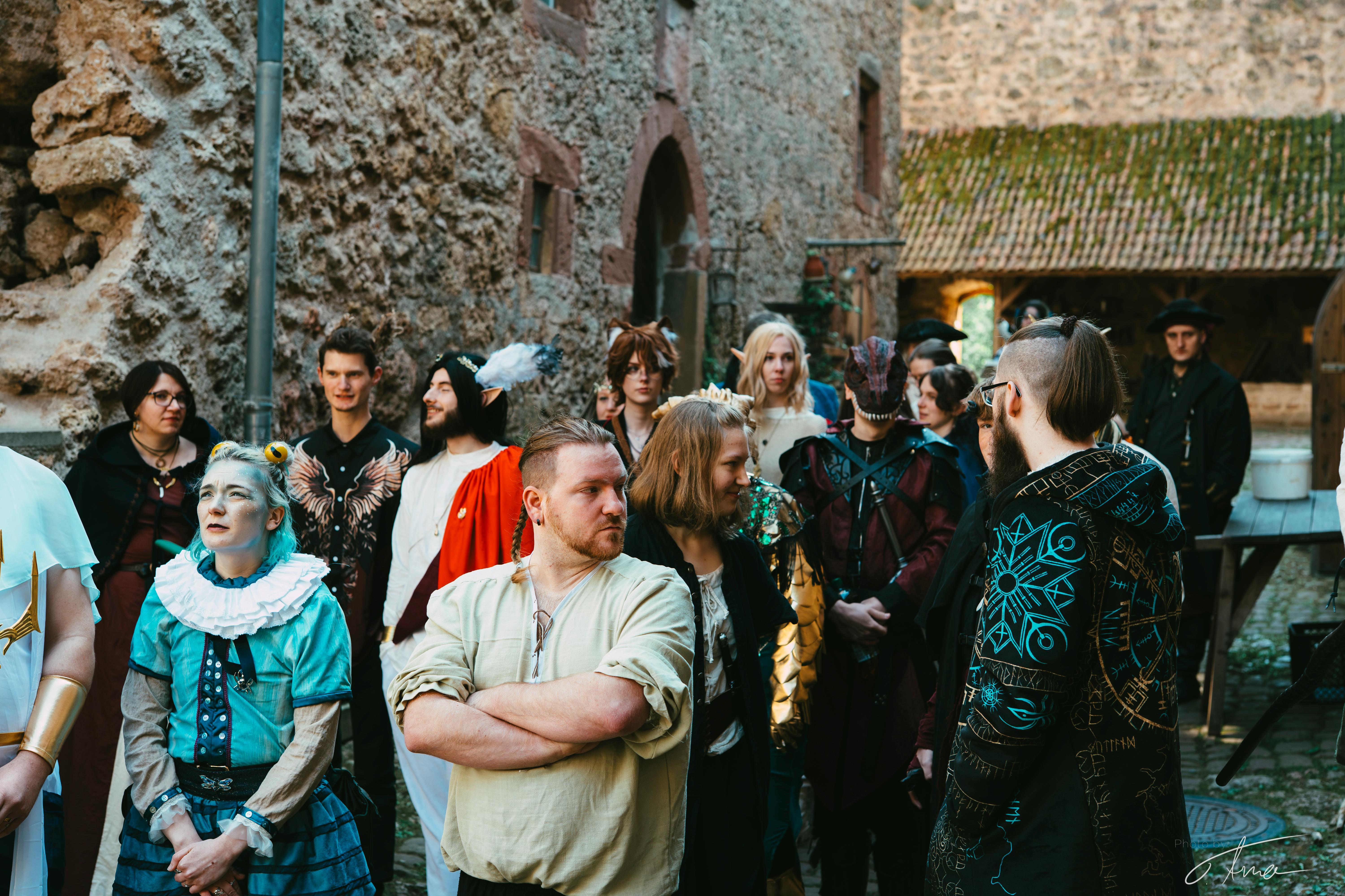 Eine große Gruppe von Helden geht durch den Innenhof der Burg. Alle sind in unterschiedlichsten Gewandungen gekleidet.