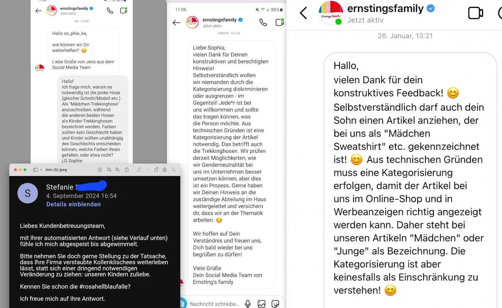 Screenshots von Ernstings-Antworten auf Kund*innen-Kritik. "Die Kategorisierung ist keinesfalls als Einschränkunt zu verstehen!"
