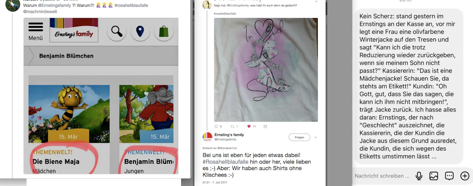 Screenshots von Kommentaren des Ernstings-SoMe-Team bzw. einer Kundin über ihr Erlebnis bei Jackenkauf.