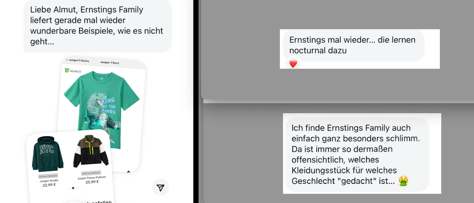 Screenshots von Direktnachrichten an @rosahellblaufalle über Ernstings: "die lernen nicht dazu"