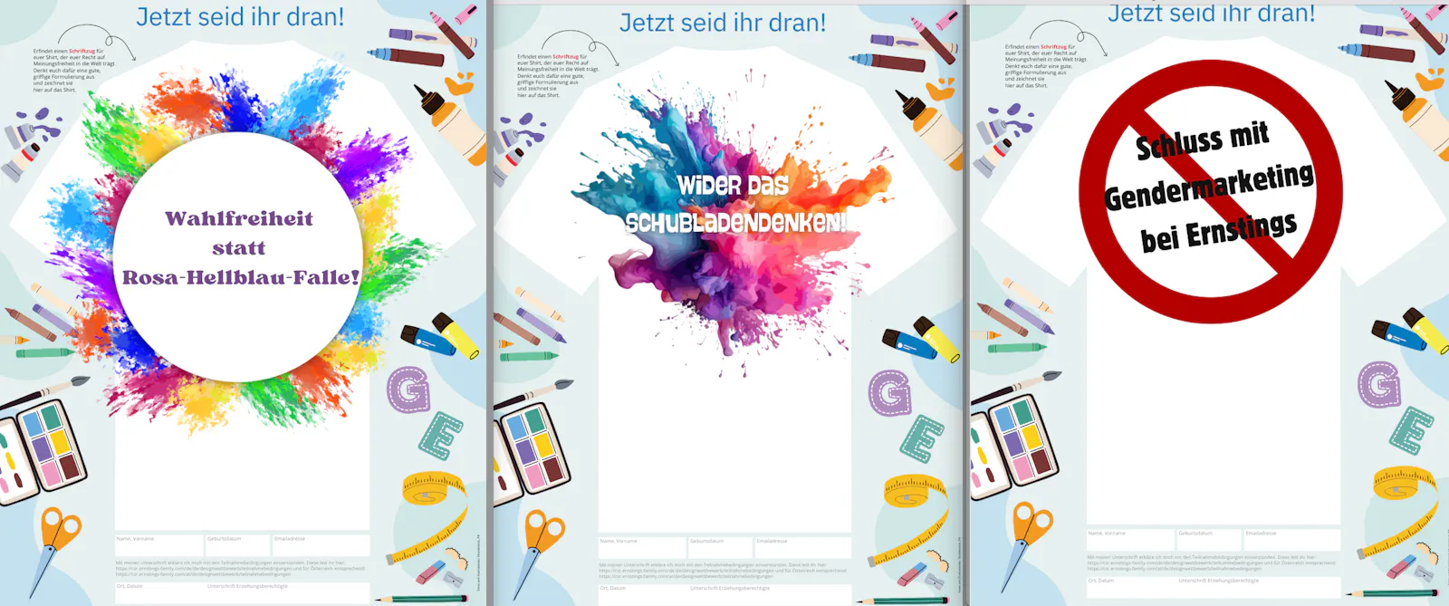 3x die Shirt-Malvorlage von Ernstings, um gesetzt in 3 Varianten: "Wahlfreiheit statt Rosa-Hellblau-Falle", "Wider das Schubladendenken" und "Schluss mit Gendermarketing bei Ernstings"