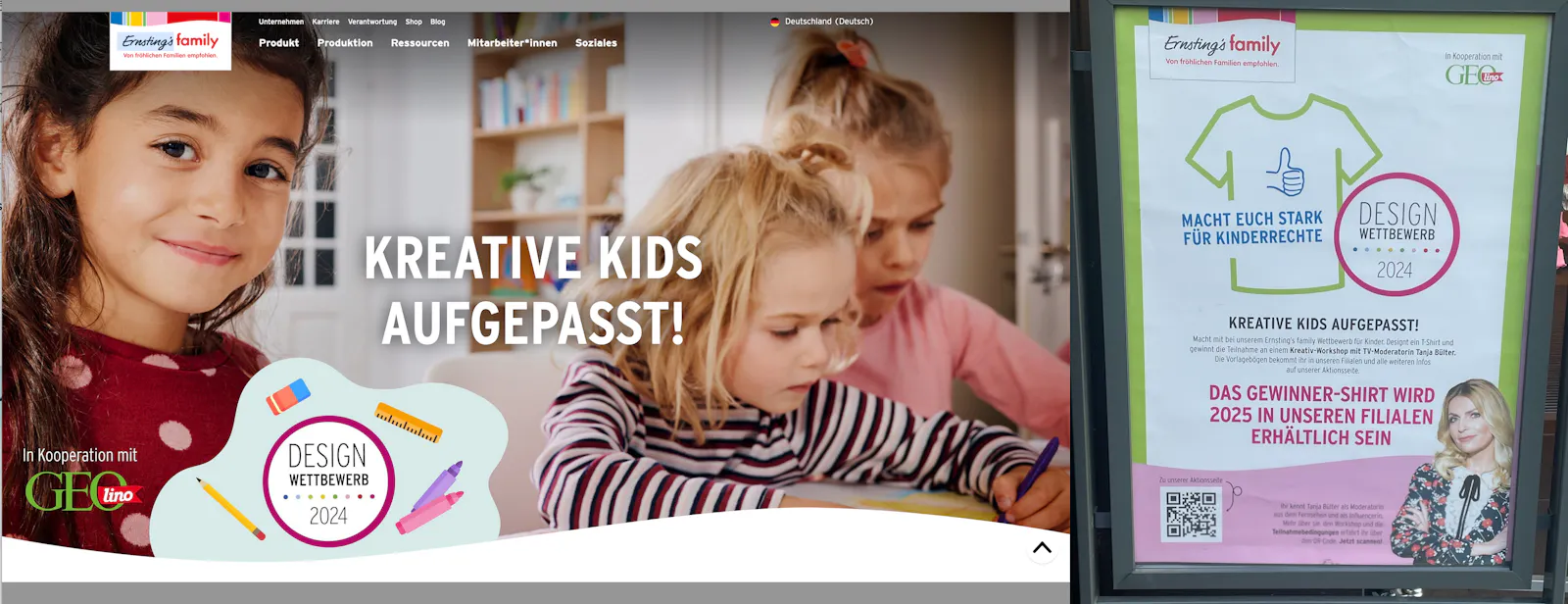 Screenshot der Startseite ( 3 Mädchen im Bild) und ein Foto vom Plakataufsteller des Wettbewerbs