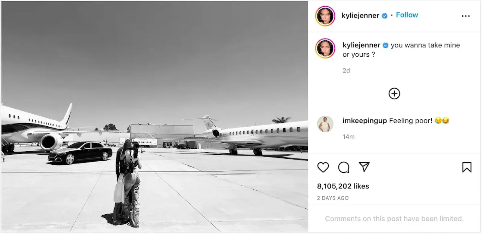 Insta-Post von Kylie Jenner und ihrem Lebengefährten zwischen zwei Privatjets - "Sollen wir deinen oder meinen nehmen?"