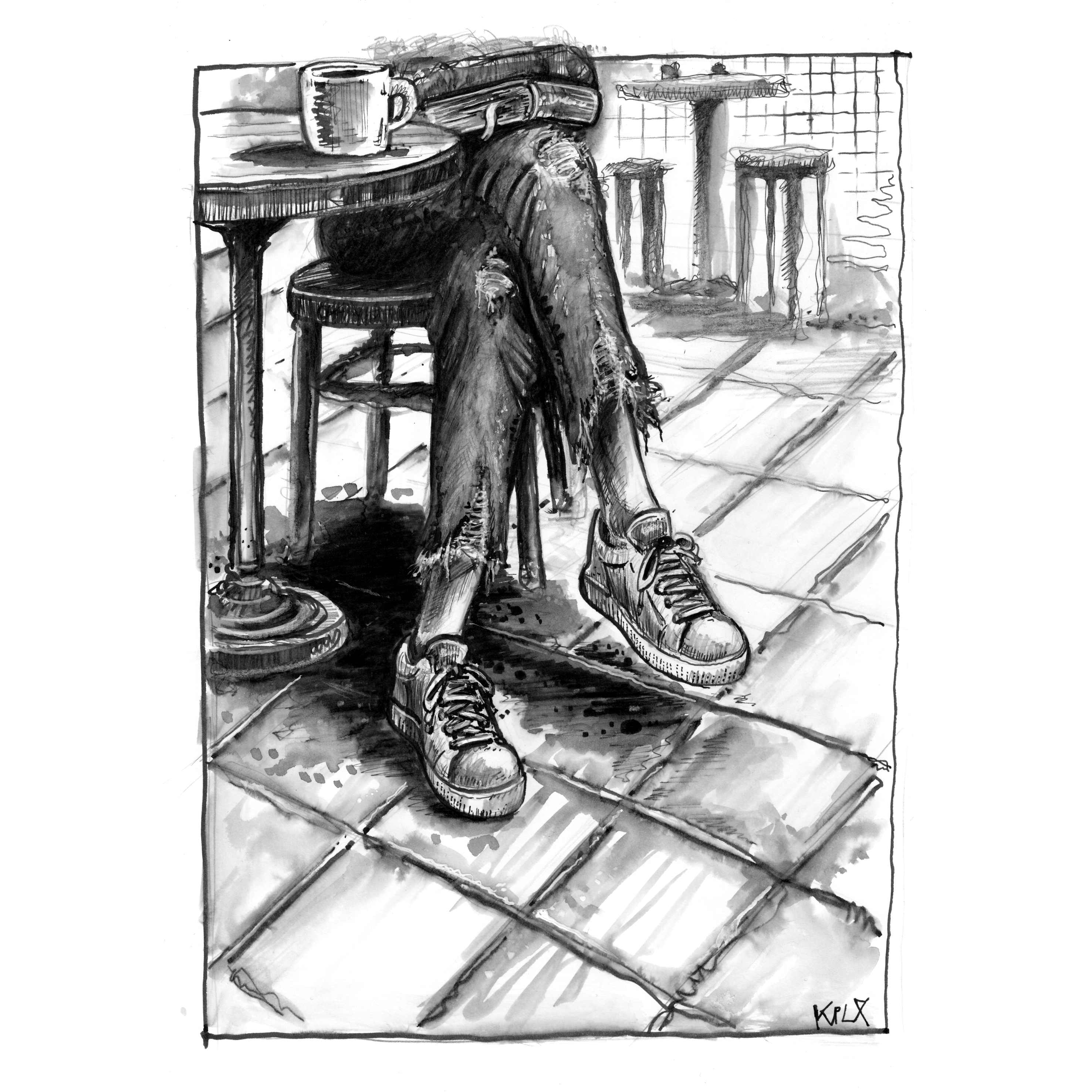 Schwarz-weiße Tuschezeichnung einer entspannt sitzenden Frau in einem Café. Der Bildausschnitt zeigt nur ihre Beine und Füße: Sie trägt ausgefranste, zerrissene Jeans und weiße Sneaker mit deutlichen Schattierungen. Ihre Beine sind locker übereinandergeschlagen. Auf dem Tisch neben ihr steht eine Kaffeetasse, der Boden ist gefliest und im Hintergrund sind leere Stühle und Tische angedeutet.