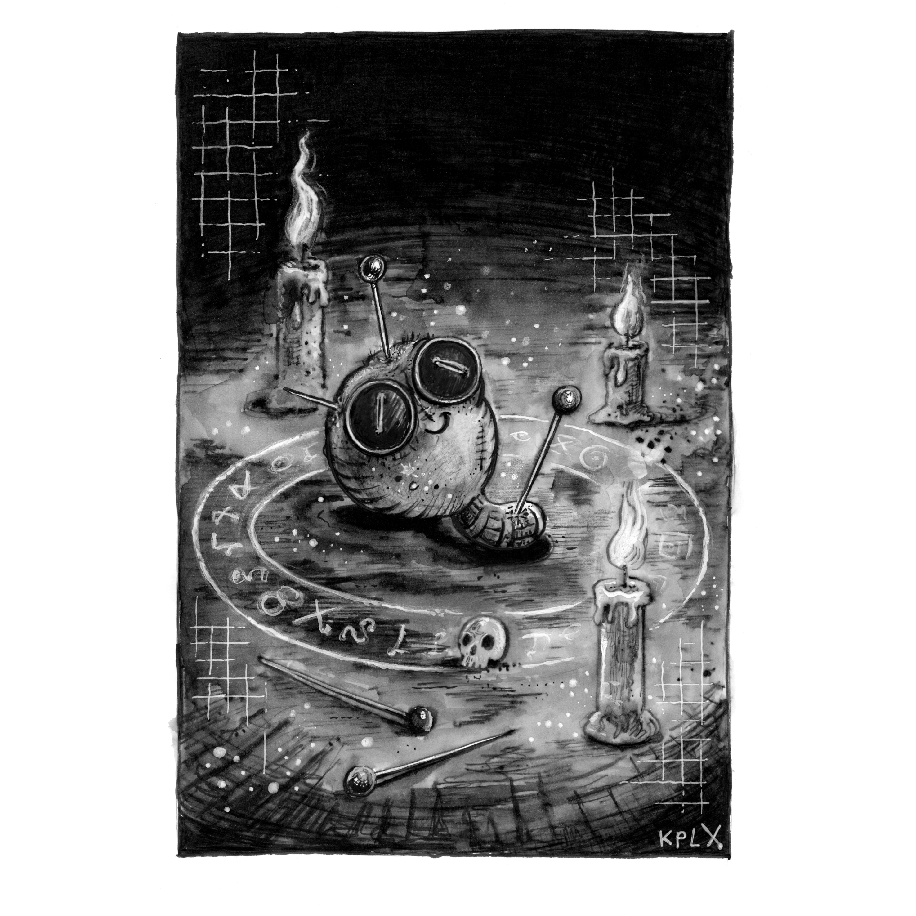Eine schwarz-weiße Tuschezeichnung zeigt Dieter, den Wurm, als kleine Voodoo-Puppe mit Knöpfen als Augen und angenähtem Mund. Er sitzt in einem magischen Kreis, umgeben von brennenden Kerzen, Nadeln und geheimnisvollen Symbolen. Neben ihm liegt ein winziger Totenschädel.