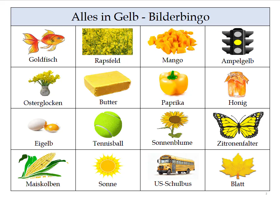 Alles in Gelb – Bilder-Bingo für Senioren in Großschrift