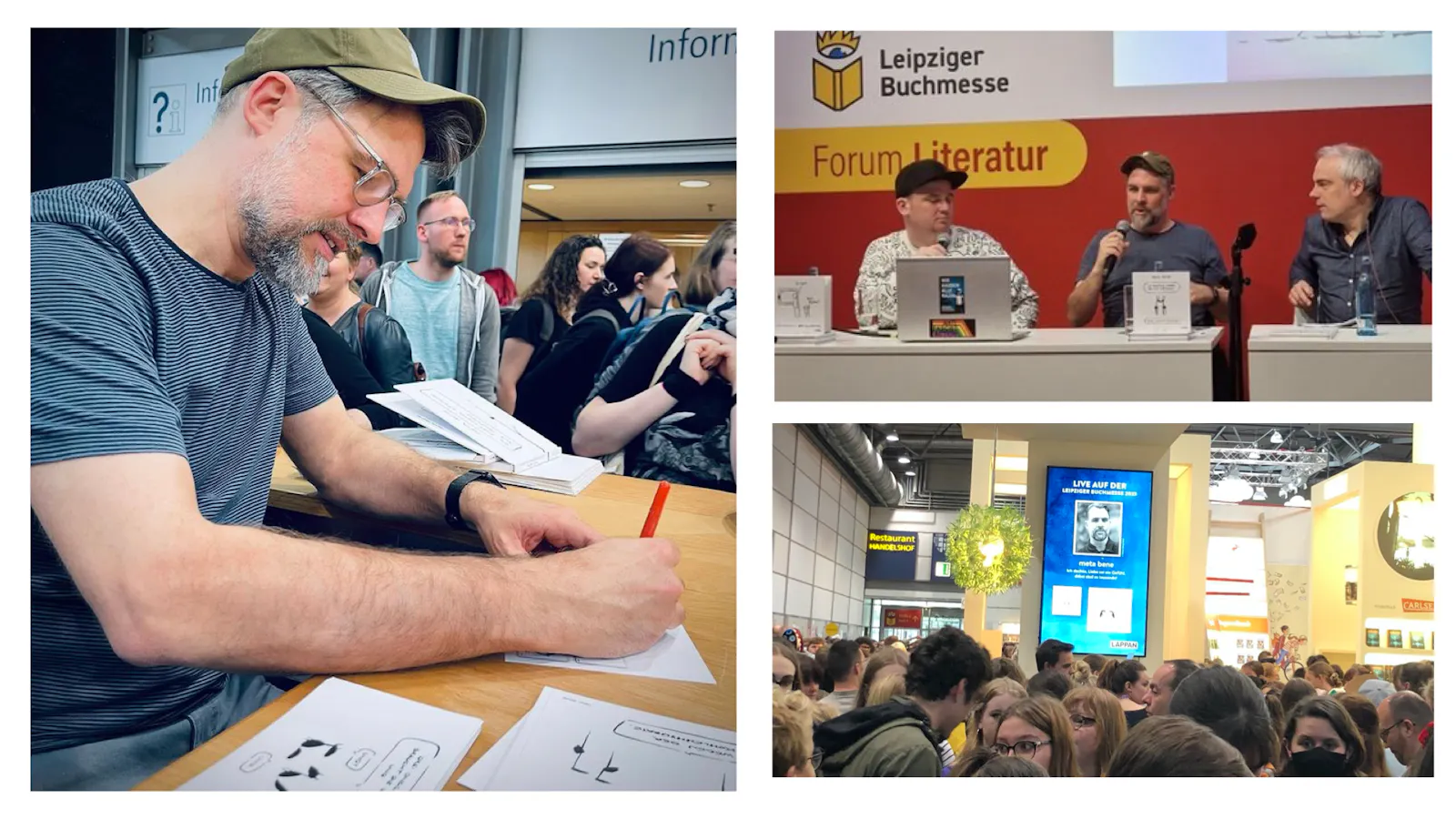 Drei Fotos: 1.) Robin Thiesmeyer signiert auf der Buchmesse. 2.) Podium auf der Buchmesser MIt Tobias Vogel (kireg&Freitag, Robin Thiesmeyer (META BENE) und Moderator. 3. Trubel auf der Buchmesse mit Bildschrim am Carlsen-Stand, der Robin Thiesmeyer und META BENE-Buch zeigt