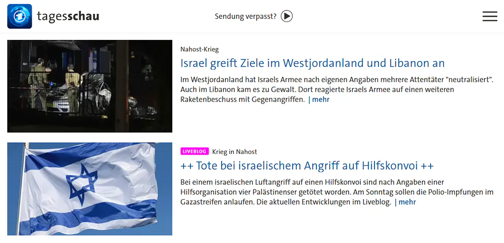 Screenshot der Tagesschaumeldungen