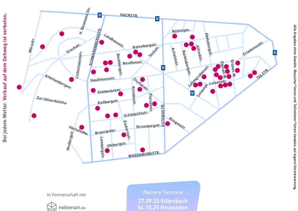 Die Karte, wo überall am Samstag, 20.09., Hofflohmarkt-Stände geplant sind.