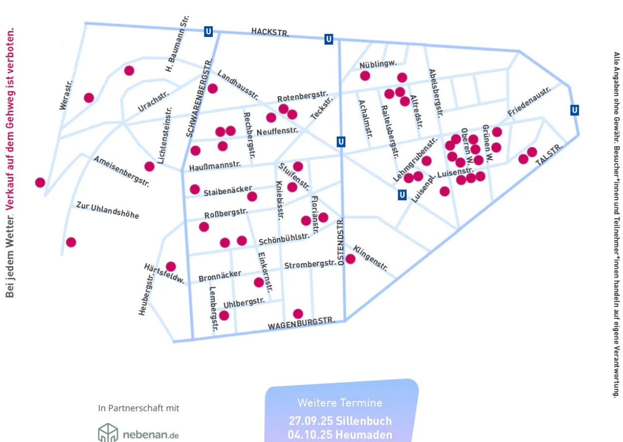 Die Karte, wo überall am Samstag, 20.09., Hofflohmarkt-Stände geplant sind.