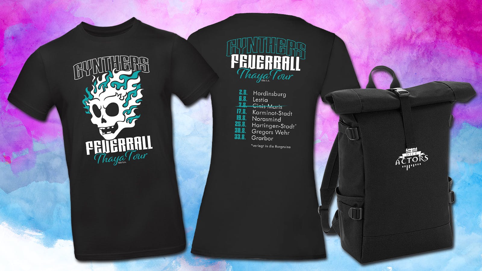 Shirts mit Gynther und Rucksack mit DA-Logo