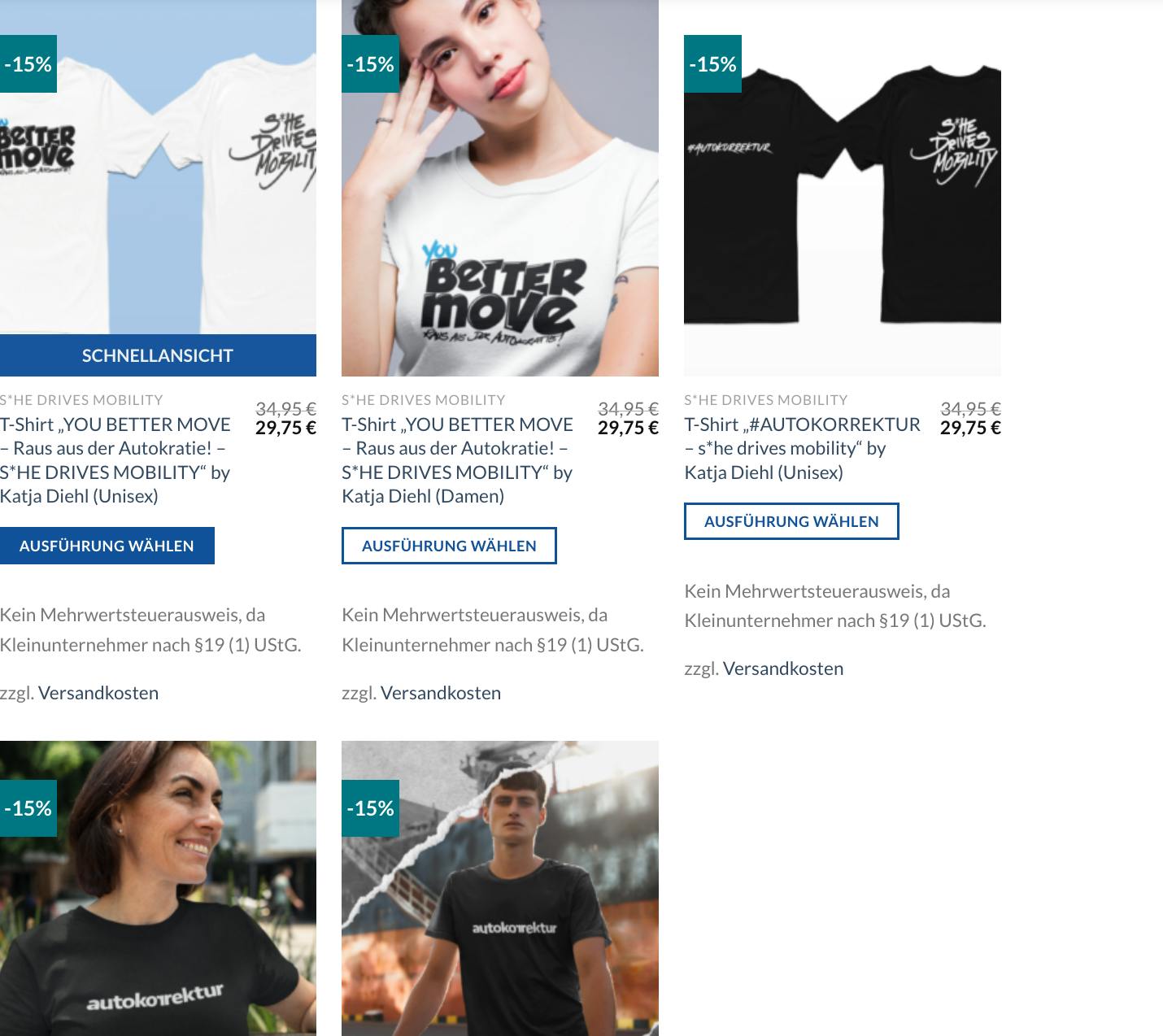 Screenshot der Seite mit den verschiedenen Shirts.