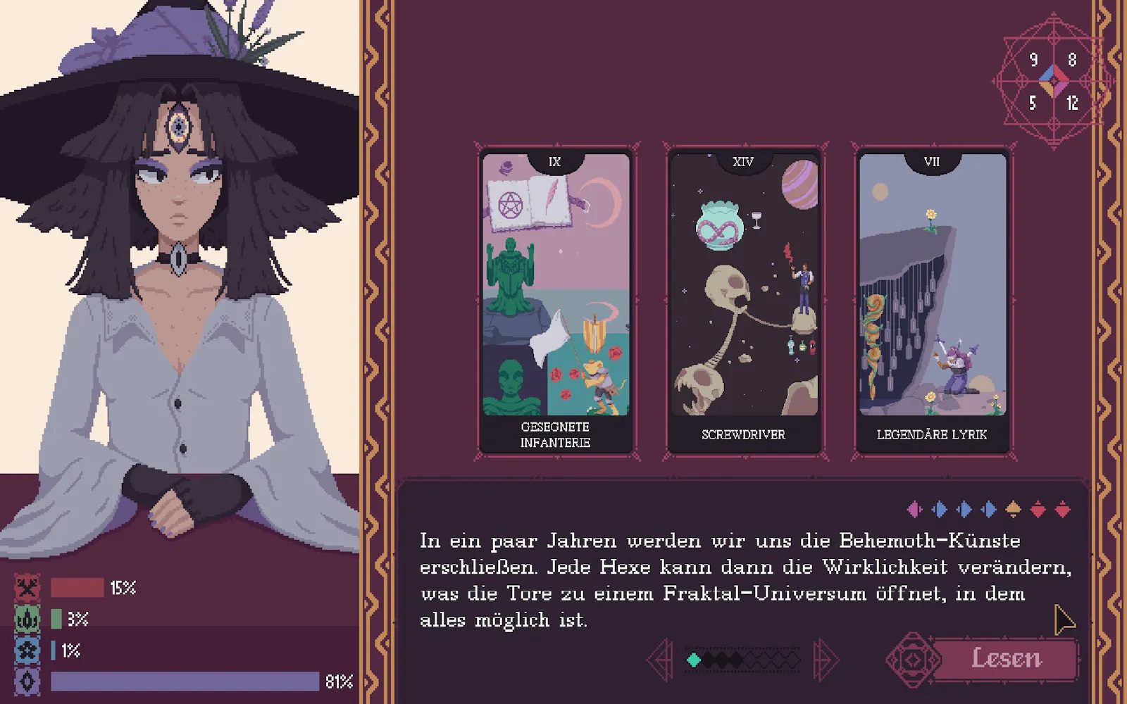 Screenshot: Fortuna in lila Gewand, daneben drei Tarotkarten mit okkulten Symbolen
