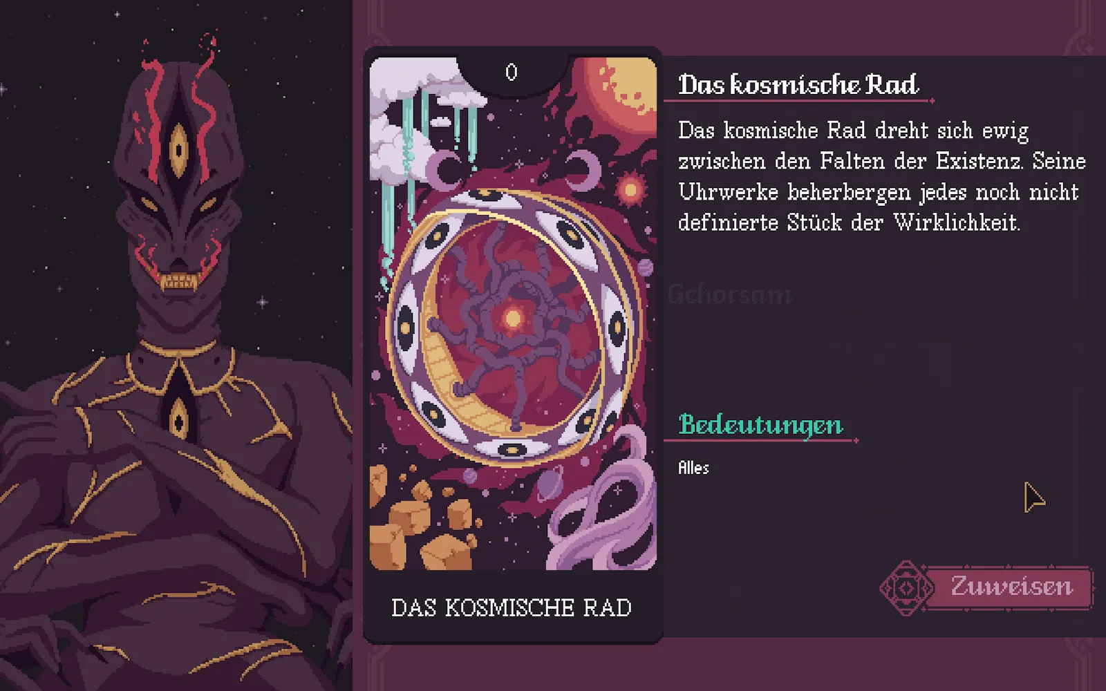Screenshot: ein Alien-artiges Wesen, daneben eine Tarotkarte "Das kosmische Rad"