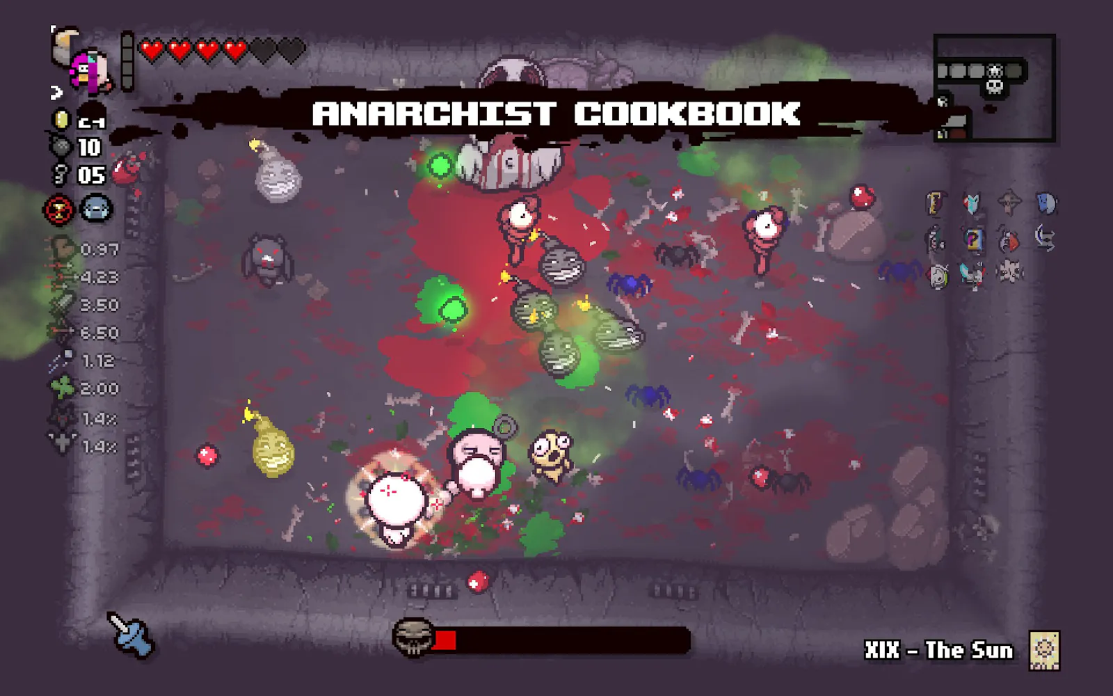 Screenshot: Viel Chaos, Bosskampf und ein Schriftzug sagt Anarchist Cookbook