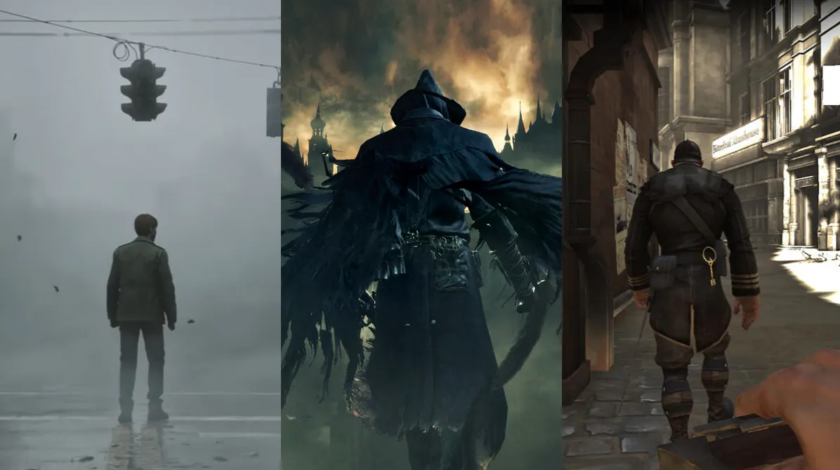 Art Work von drei Spielen, je eine Figur von hinten wird gezeigt. Silent Hill 2, Bloodborne, Dishonored.