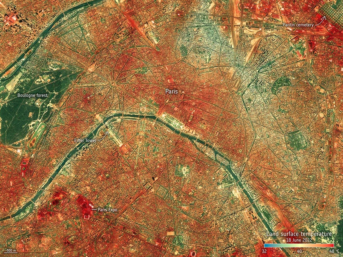 hochauflösendes Satelitenbild von Paris im Hitzestress
fast ausschließlich Variationen von rot