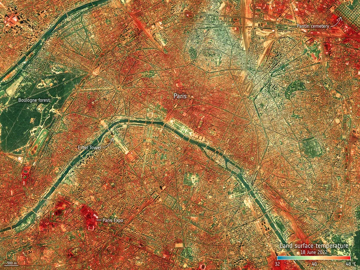 hochauflösendes Satelitenbild von Paris im Hitzestress
fast ausschließlich Variationen von rot