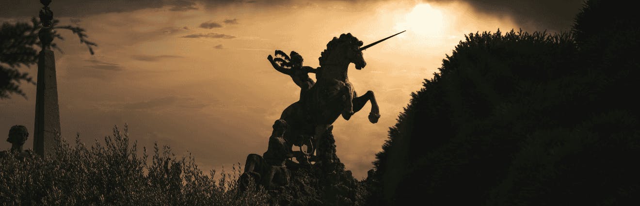 Der Schatten eines Einhorns ist vor einer aufreißenden Wolkendecke in der Dämmerung zu erkennen.
