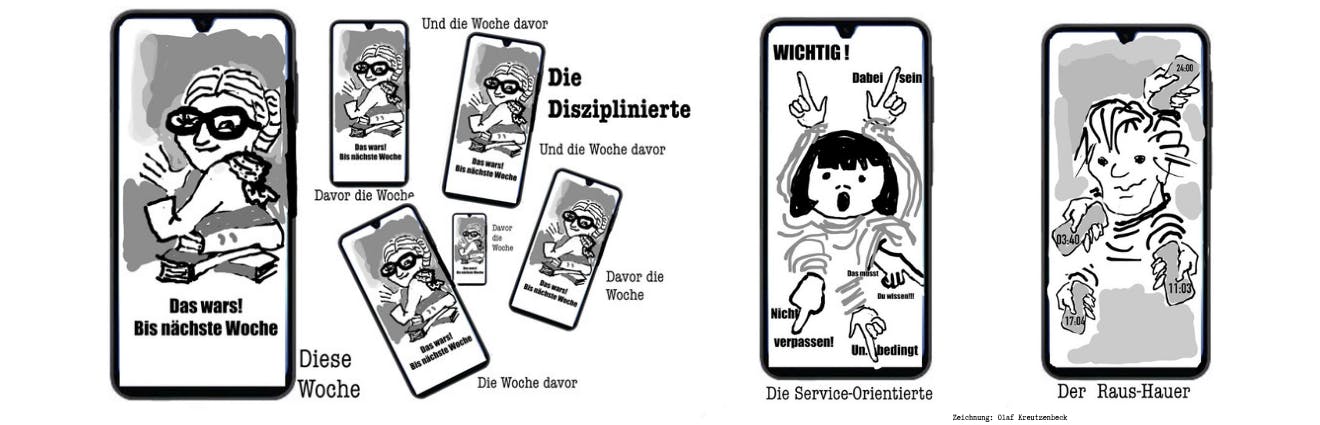 Zeichnungen zeigen verschiedene Blogtypen in Handybildschirmen: Die Disziplinierte verabschiedet sich immer "Bis nächste Woche", die Service-Orientierte zeigt "Wichtig" Wichtig"" und der Raushauer ist umgeben von Uhrzeiten, zu denen er am selben Tag veröfffentlicht.
