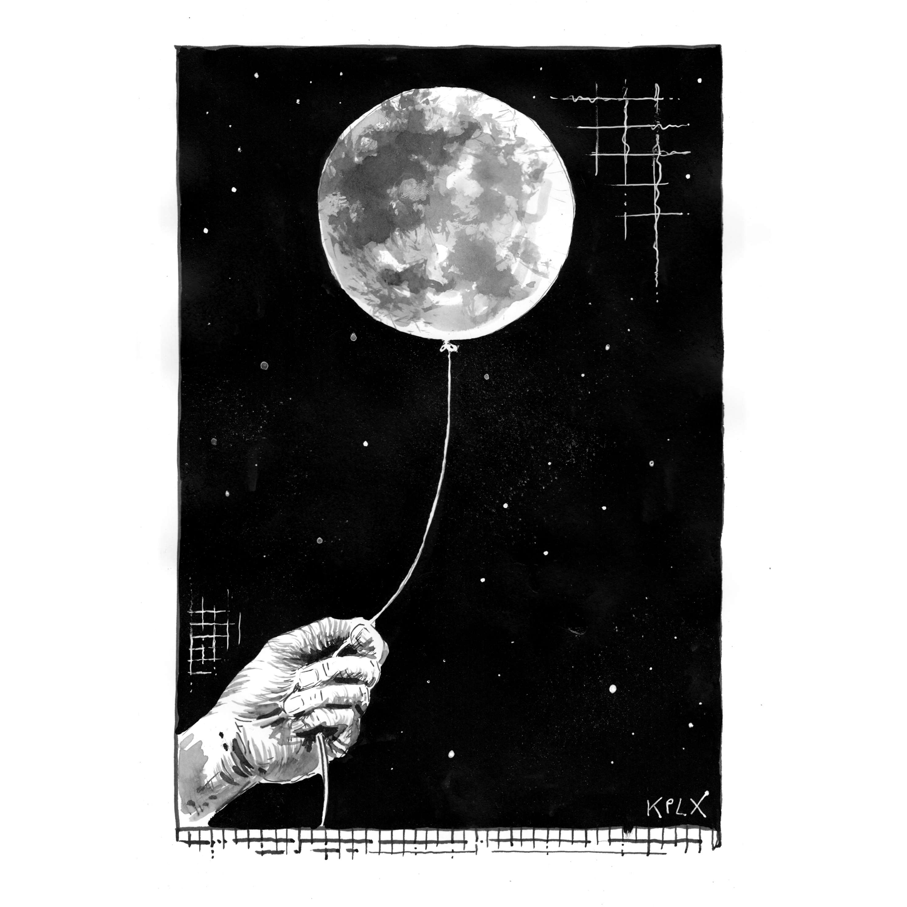 ALT-Text (DE):
Schwarz-weiße Tuschezeichnung im A4-Format: Eine realistisch gezeichnete menschliche Hand hält eine dünne Schnur, an deren Ende ein runder Mond wie ein Ballon schwebt. Der Hintergrund ist tiefschwarz mit kleinen weißen Sternpunkten, die Szene wirkt ruhig und surreal.

ALT-Text (EN):
Black-and-white ink drawing in A4 format: A realistically drawn human hand holds a thin string attached to a round moon floating like a balloon. The background is deep black with small white stars, creating a calm, surreal atmosphere.