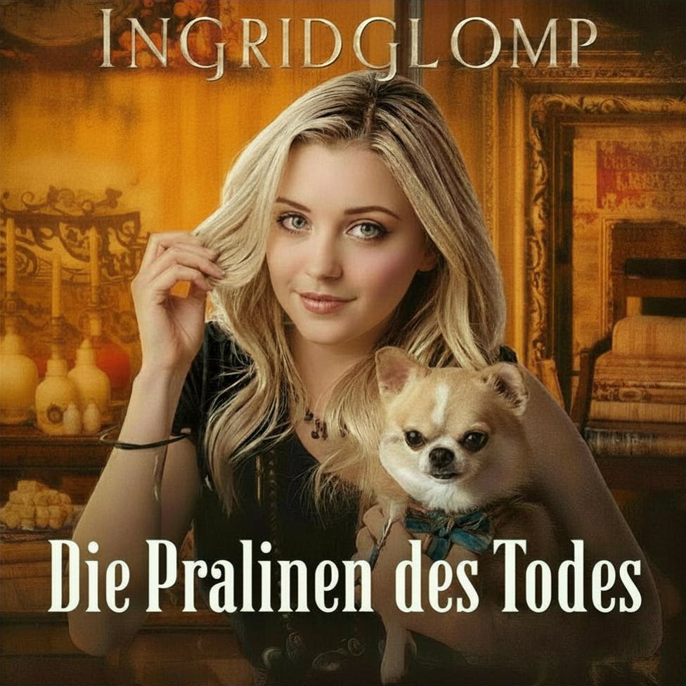 Das Bild zeigt eine blonde junge Frau mit einem Chihuahua in einer Art Bibliothek sowie die Beschriftungen "Ingrid Glomp" und "Die Pralinen des Todes"