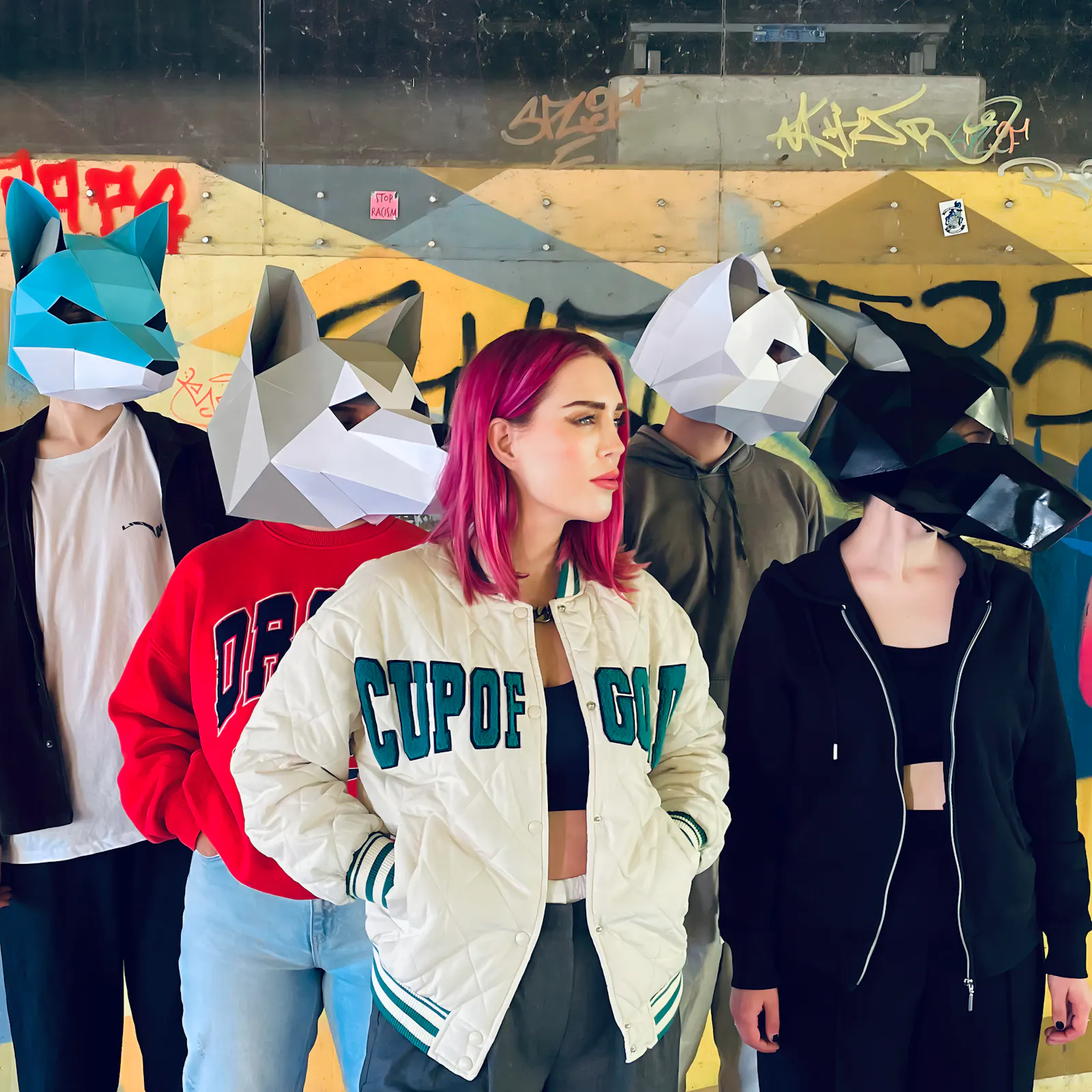 Gruppenfoto vom Dreh. Vier tragen Tiermasken, Alexa nicht. Wir sehen zur Seite.