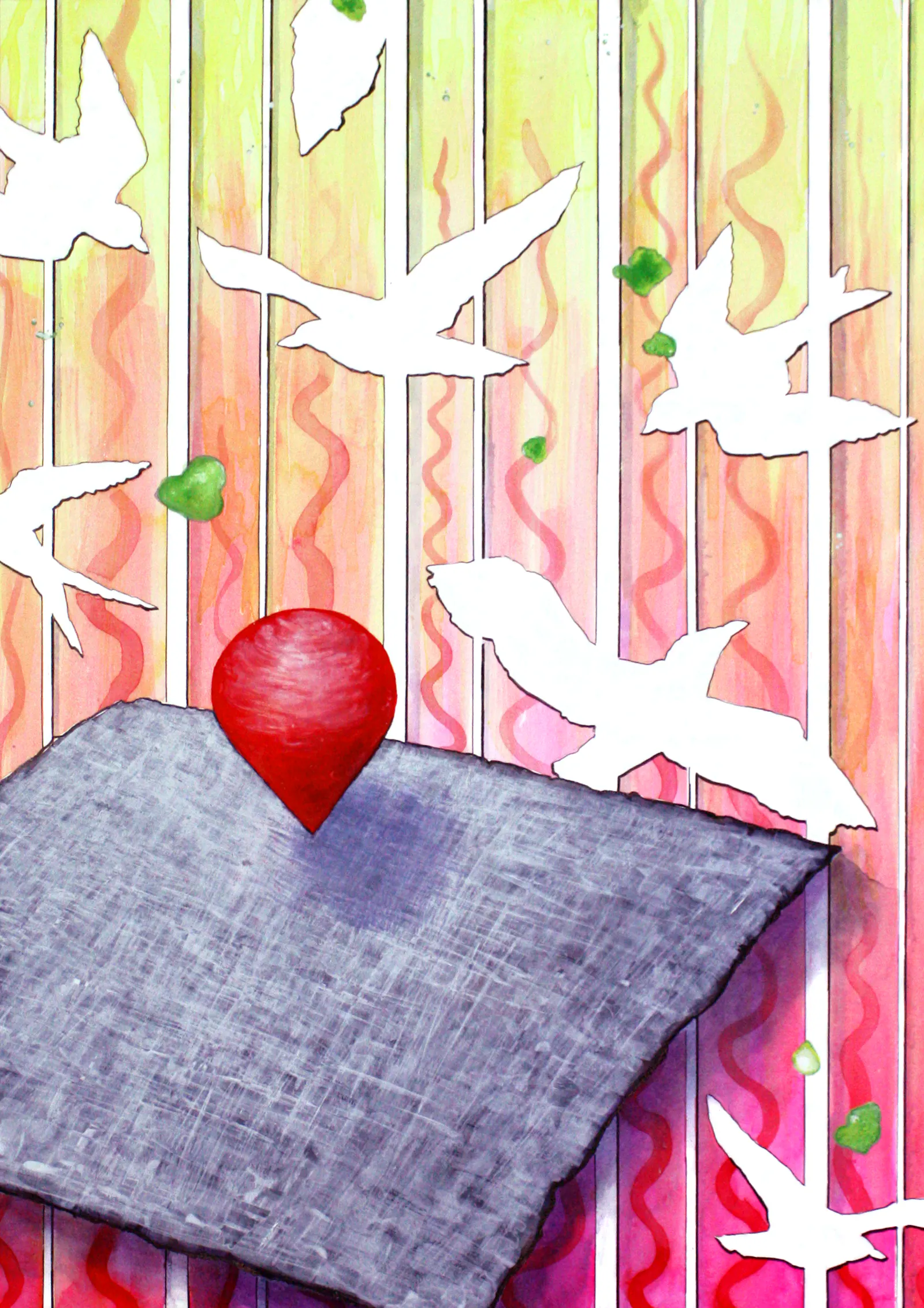 Eine annähernd quadratische, helle Fläche über der ein Zeichen schwebt (vous etes ici). Im Hintergrund Tapete, gestreift in pink, orange und gelb. Vogelsilhuetten, ganz ohne Farbe.