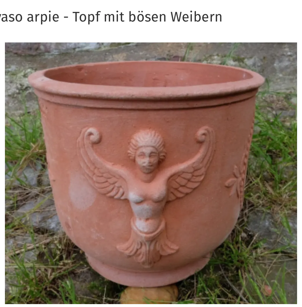 Tontopf mit Harpyie: Übersetzte Bezeichnung: Topf mit bösen Weibern