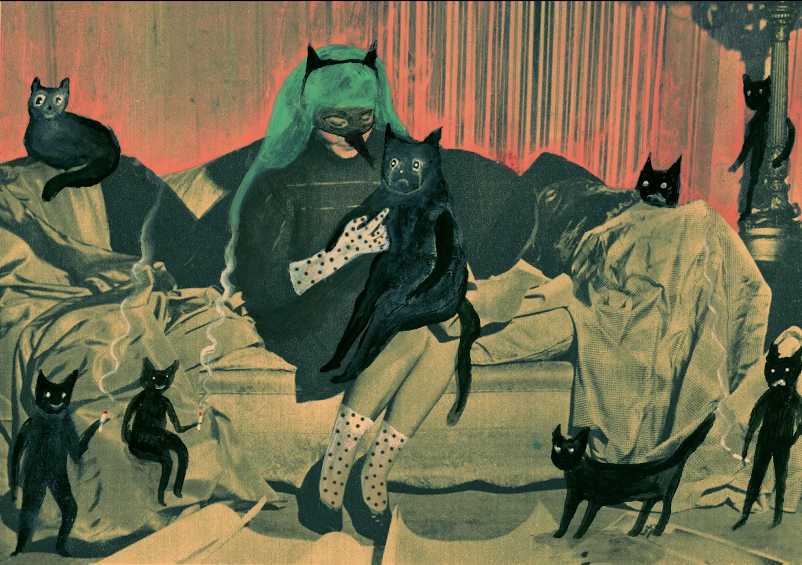 Bild von Julia Soboleva: Cry Baby. Person mit Maske und Kleid sitzt umgeben von teils menschlich wirkenden schwarzen Katzen auf dem Sofa
