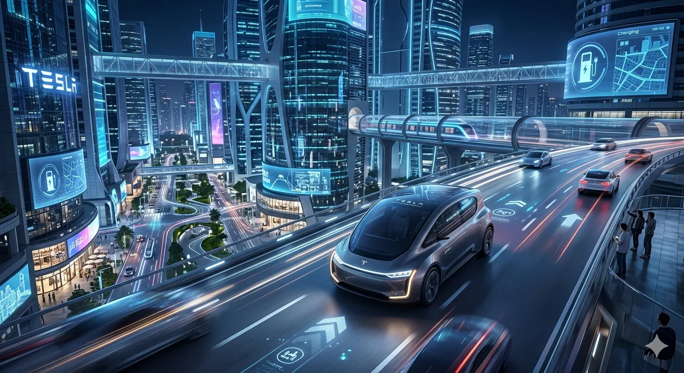 A futuristic Tesla robotaxi prototype driving through a modern city at night.