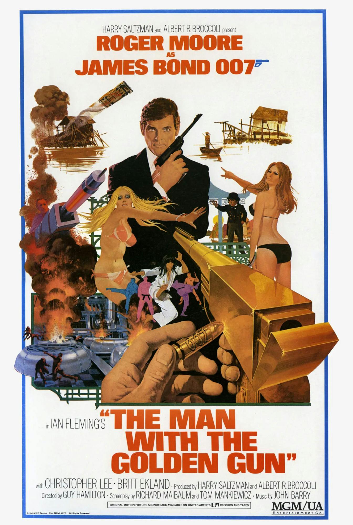 Fimplakat "The Man with the Golden Gun", Roger Moore mit Pistole, Kung-Fu- und Bikini-Girls, Explosionen...