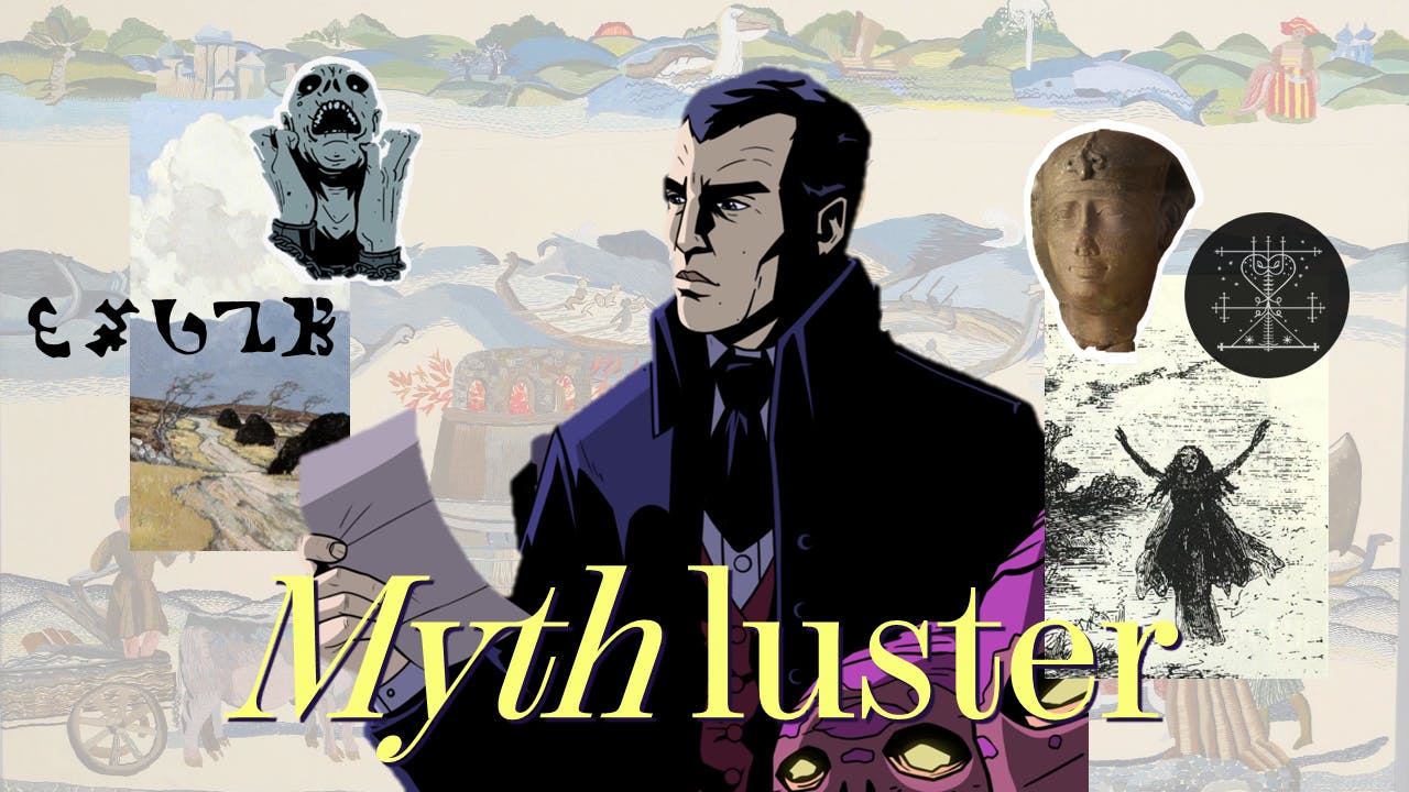 Header der Ausgabe: Mythluster, in der Mitte Declan Ward, im Hintergrund ein Panel des Ros Teppichs, daneben Ausschnitte der nachfolgenden Bilder