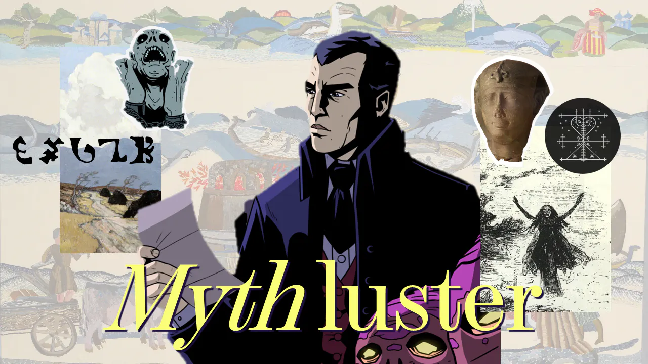 Header der Ausgabe: Mythluster, in der Mitte Declan Ward, im Hintergrund ein Panel des Ros Teppichs, daneben Ausschnitte der nachfolgenden Bilder