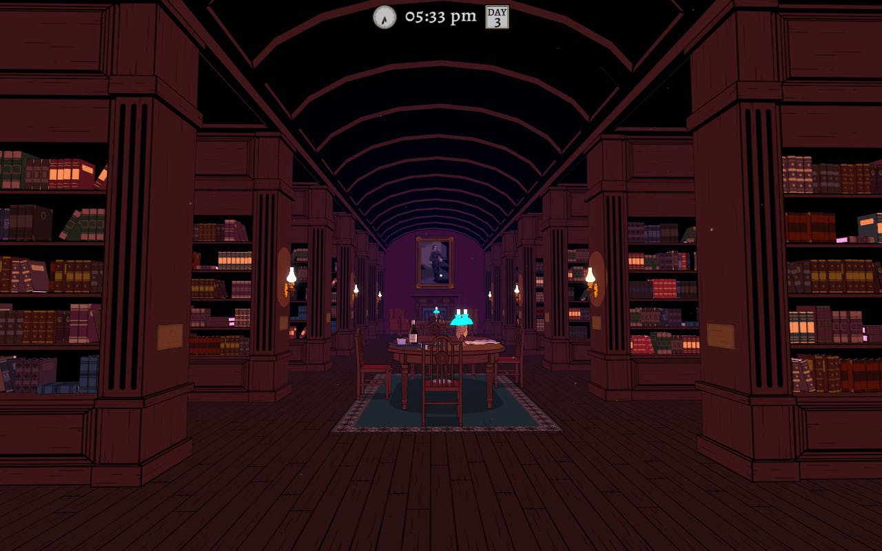 Bild einer Bibliothek, dunkelbraune Regale, in der Mitte Tische mit kleinen grünen Lampen und Stühlen